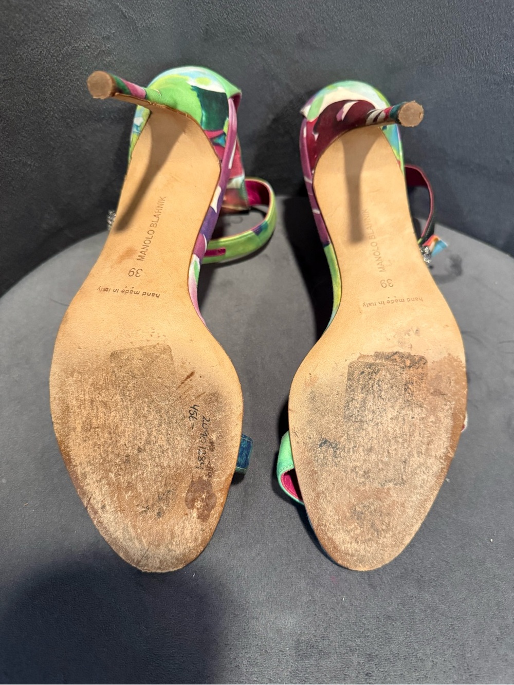 Manolo Blahnik Multicolor Satin Ankle-Strap Sandals with Pink Footbed - Picture 8 of 13
